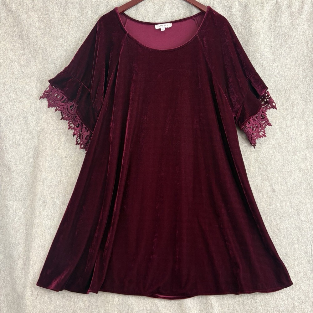 Umgee 1XL Burgundy Velvet Short Dress Lace Bell Sleeve Boho Holiday Plus Size